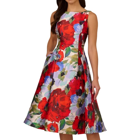 Adrianna Papell - Floral-Print Mikado Midi Dress - Picture 1 of 16